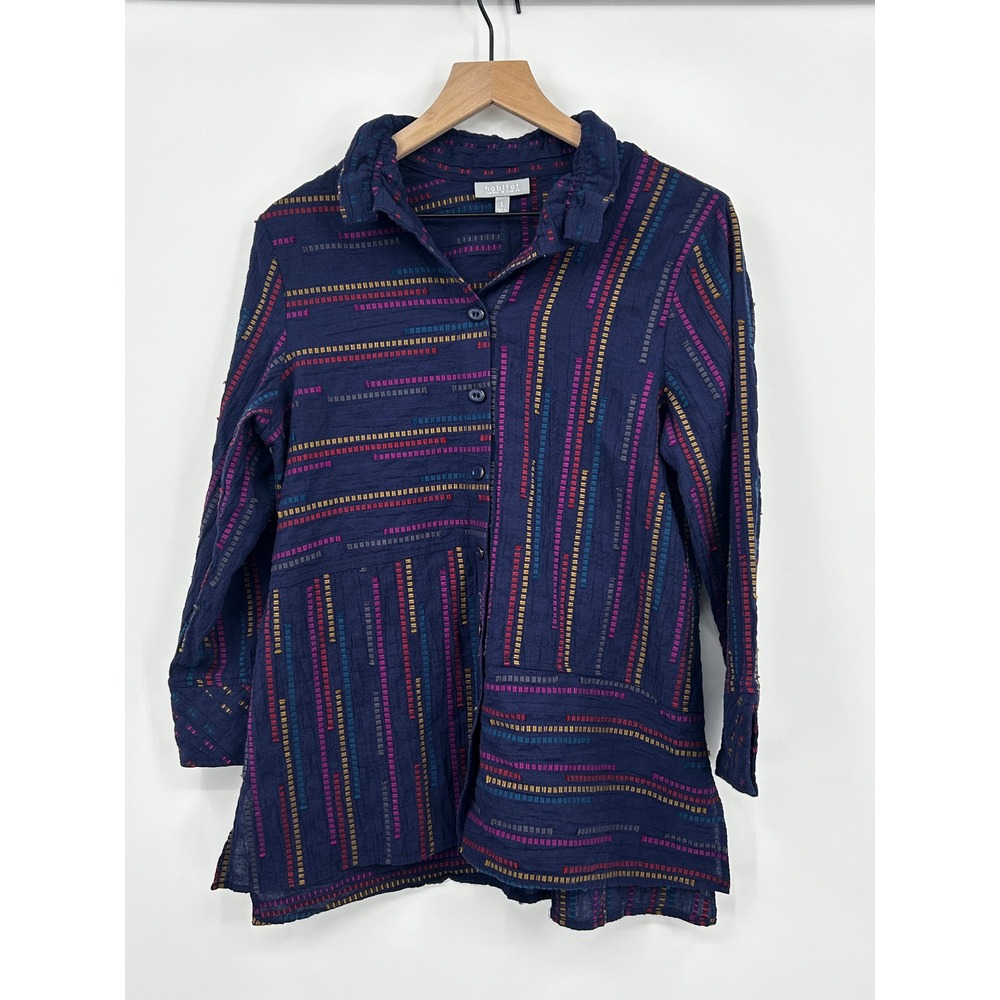 Habitat Cotton Navy colorful‎ tunic top Sz S Arty Crinkle Lagenlook Eclectic